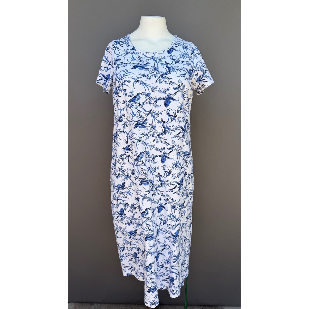 Lands End Dress Womens M 10-12 Blue White Bird Floral Knit Sheath Coastal Preppy